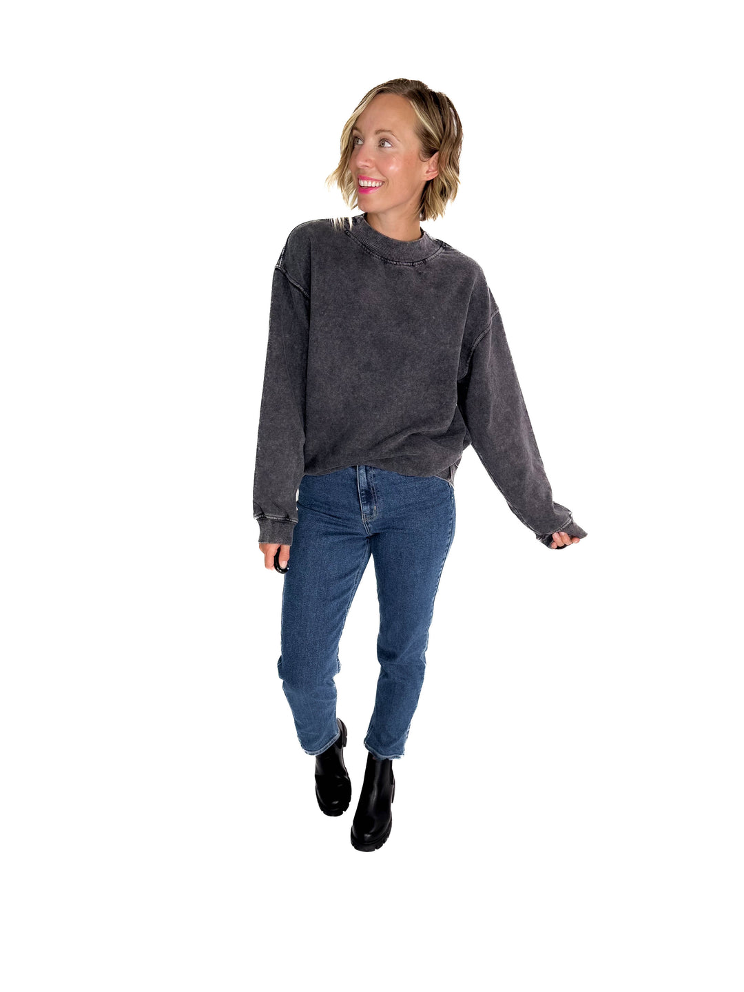 Nantucket Salt Wash Mock-Neck Pullover- SMOKE