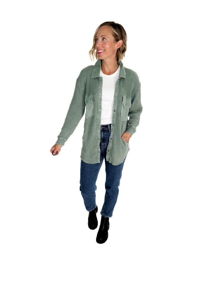 Mono B Marcia Waffle Knit Washed Button Down Jacket- SILKY PINE