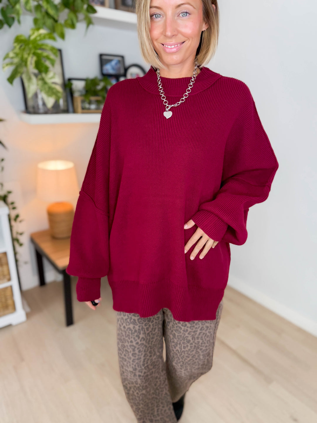 Frosted Pines Oversized Side Slit Sweater- BURGUNDY