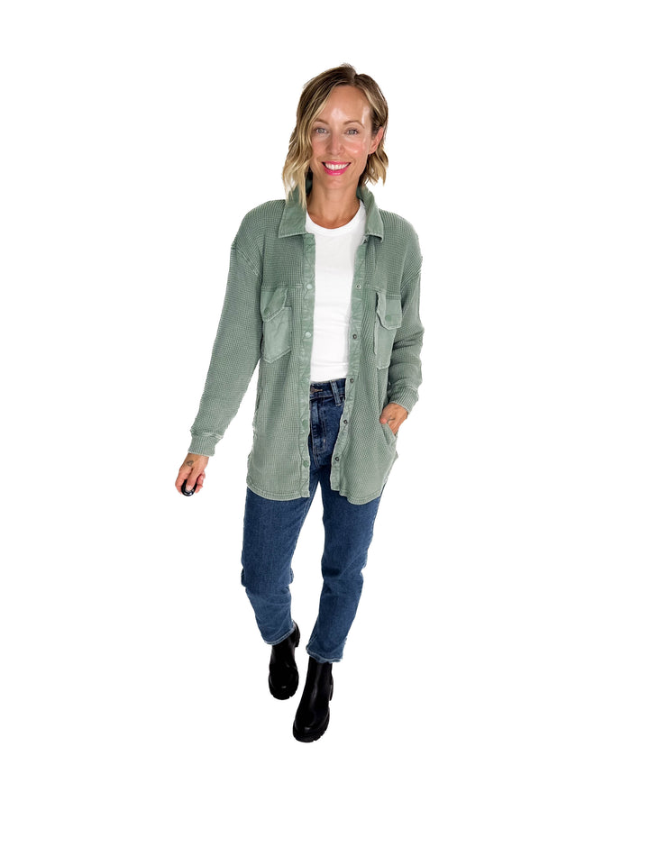 Mono B Marcia Waffle Knit Washed Button Down Jacket- SILKY PINE