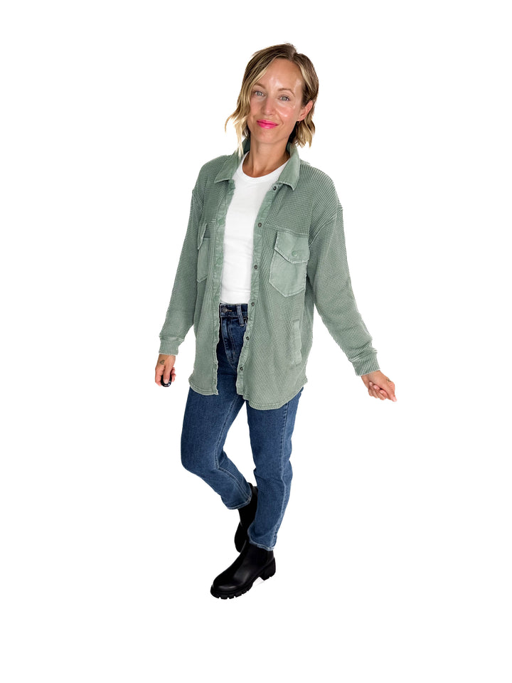 Mono B Marcia Waffle Knit Washed Button Down Jacket- SILKY PINE