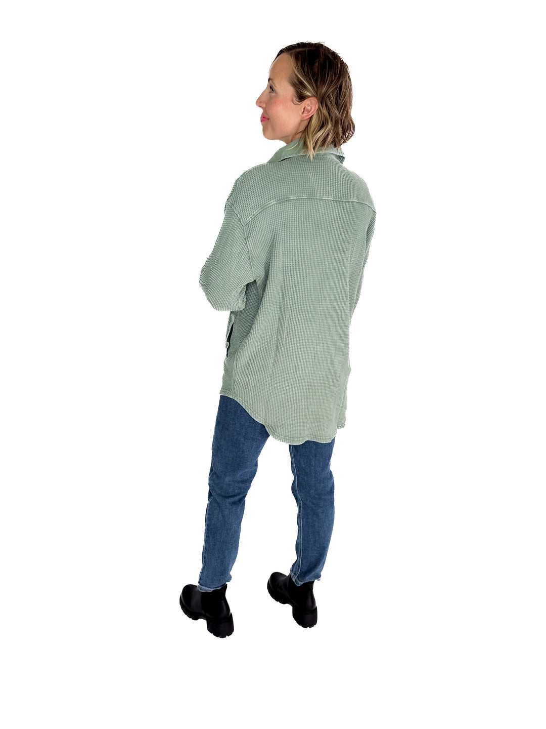Mono B Marcia Waffle Knit Washed Button Down Jacket- SILKY PINE