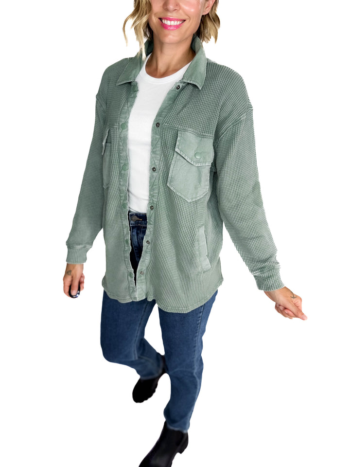 Mono B Marcia Waffle Knit Washed Button Down Jacket- SILKY PINE