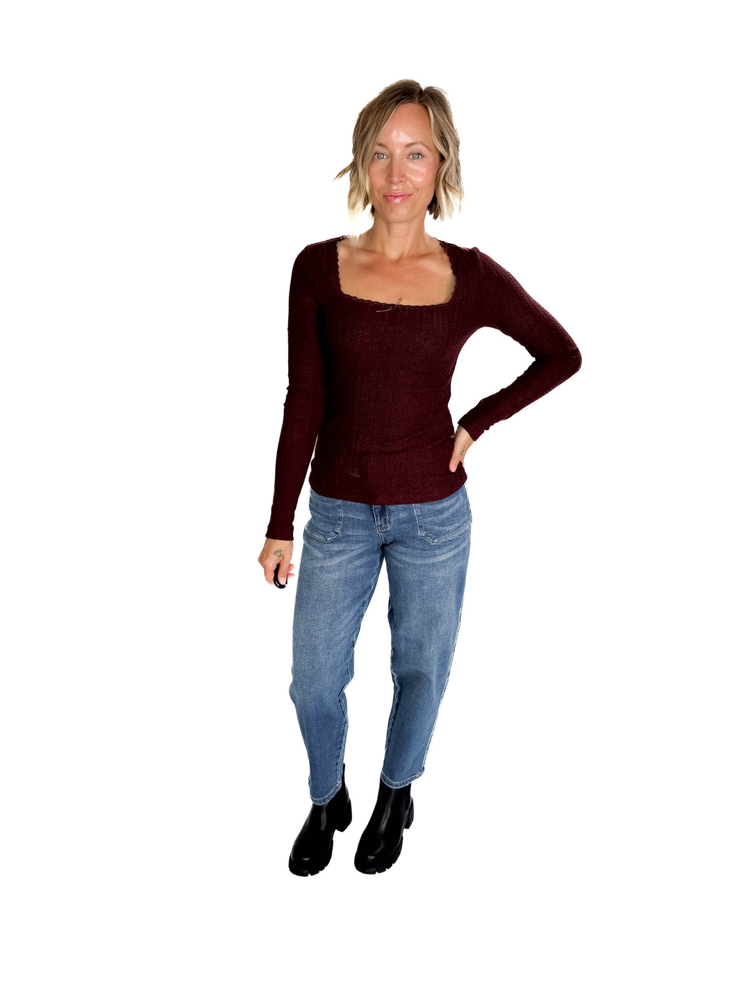Kristin Edge Lace Neck Lace Detail Knit Top- MERLOT