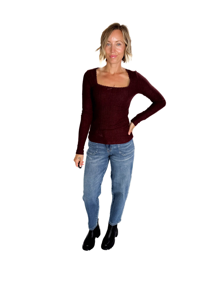 Kristin Edge Lace Neck Lace Detail Knit Top- MERLOT