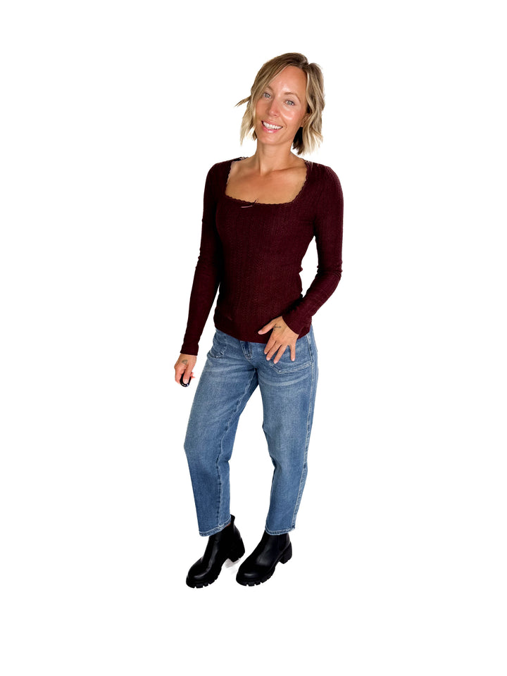 Kristin Edge Lace Neck Lace Detail Knit Top- MERLOT