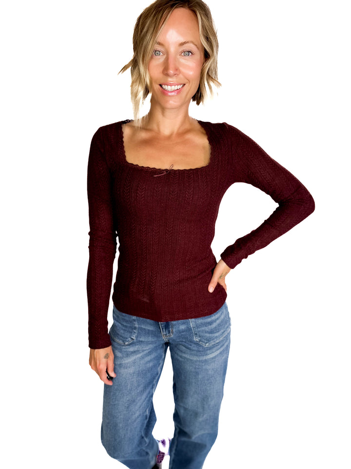 Kristin Edge Lace Neck Lace Detail Knit Top- MERLOT