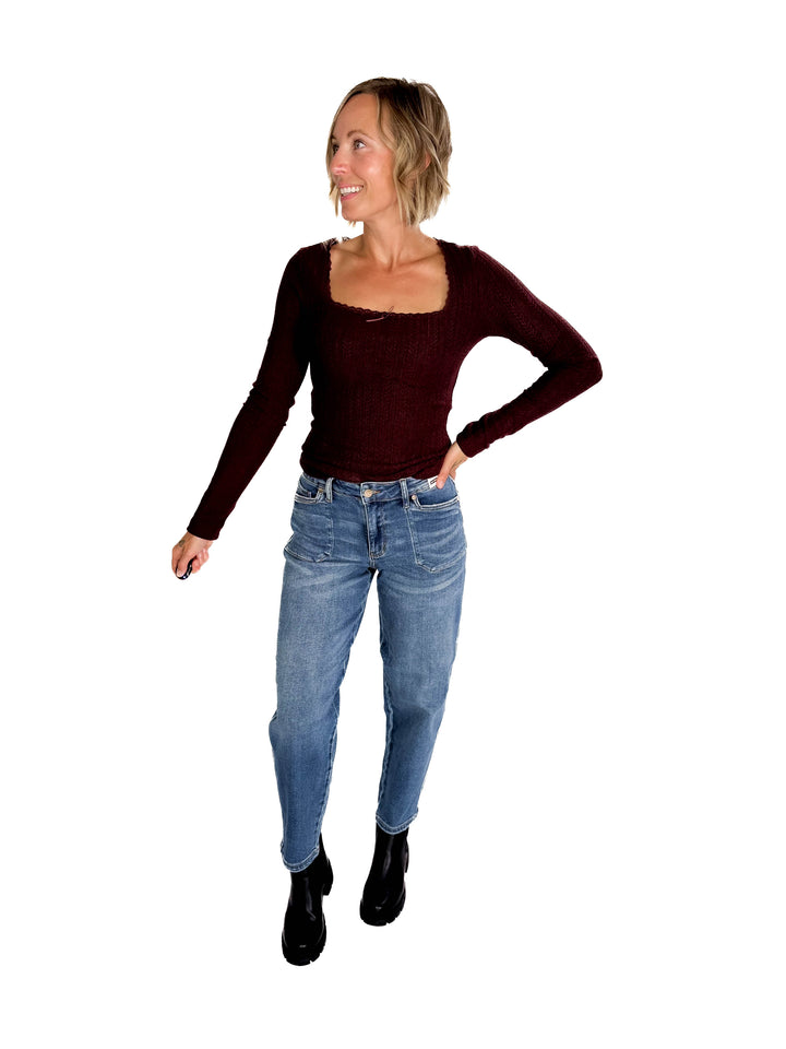 Kristin Edge Lace Neck Lace Detail Knit Top- MERLOT