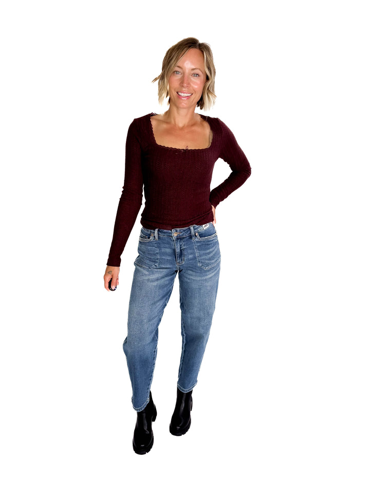 Kristin Edge Lace Neck Lace Detail Knit Top- MERLOT