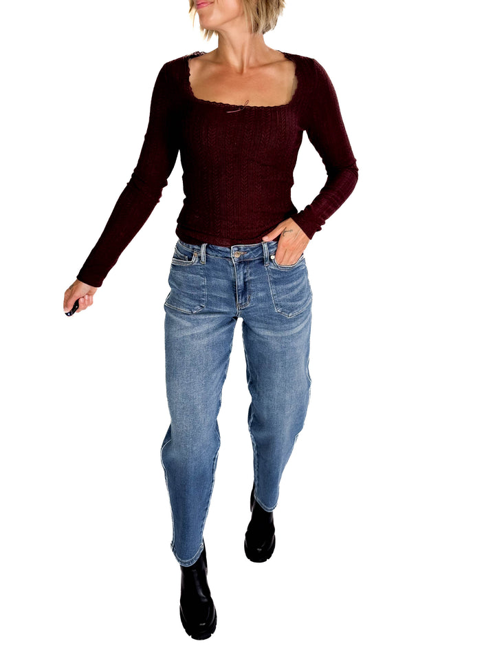 Kristin Edge Lace Neck Lace Detail Knit Top- MERLOT