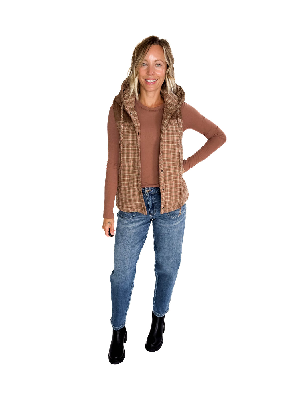 Larissa Corduroy Mixed Plaid Puffer Vest- SALMON
