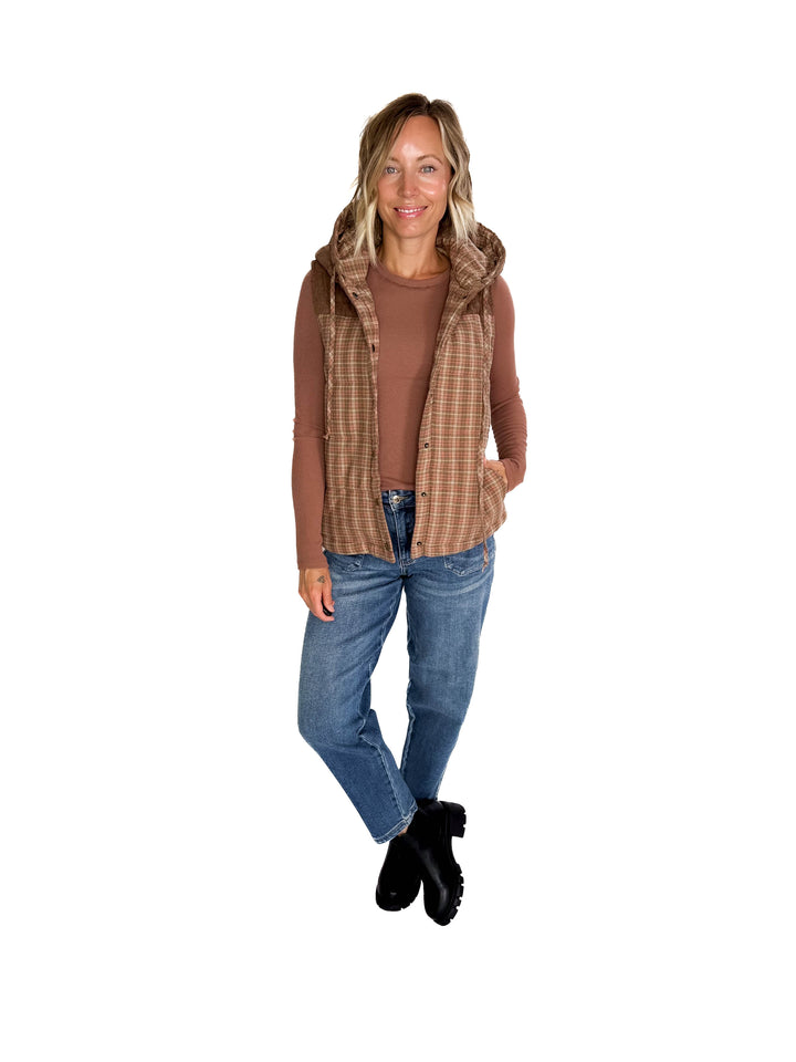 Larissa Corduroy Mixed Plaid Puffer Vest- SALMON