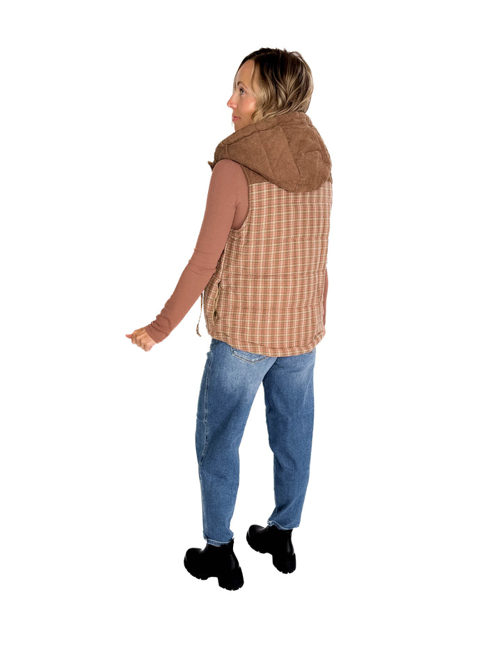 Larissa Corduroy Mixed Plaid Puffer Vest- SALMON