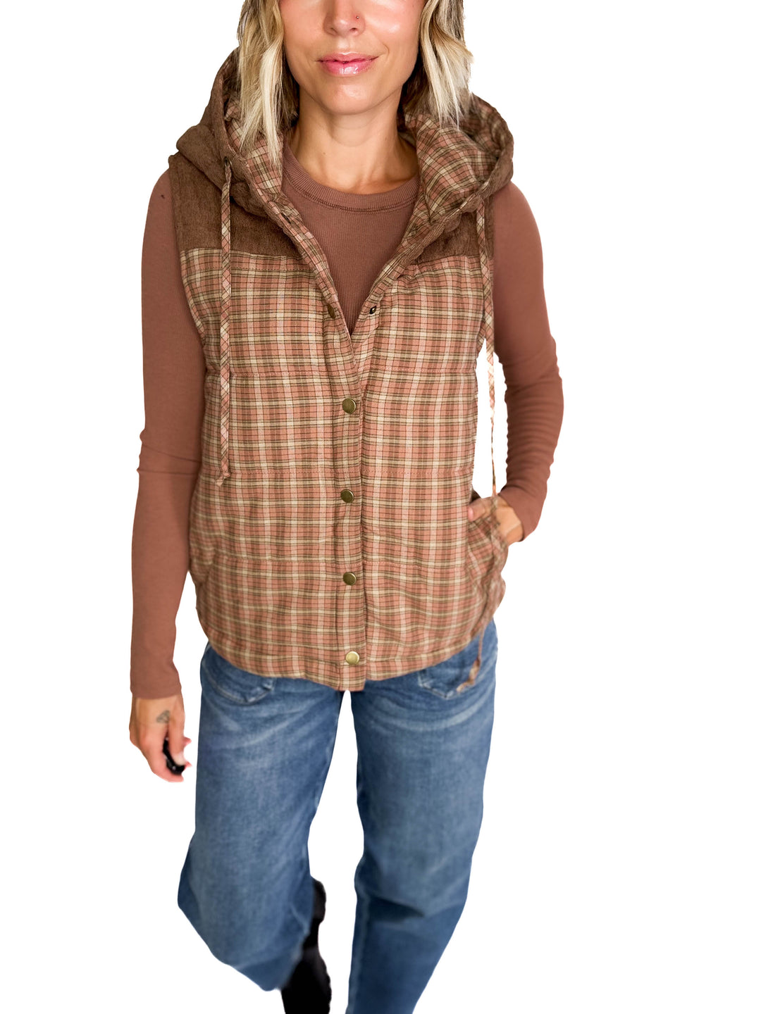 Larissa Corduroy Mixed Plaid Puffer Vest- SALMON