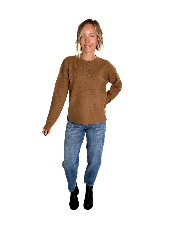 Kayla Waffle Knit Henley Sweater- BROWN