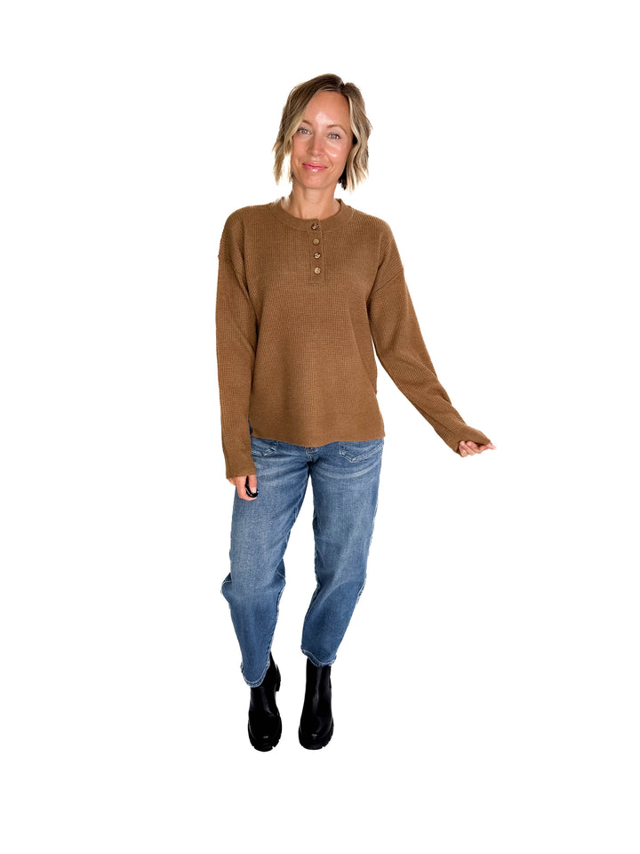 Kayla Waffle Knit Henley Sweater- BROWN