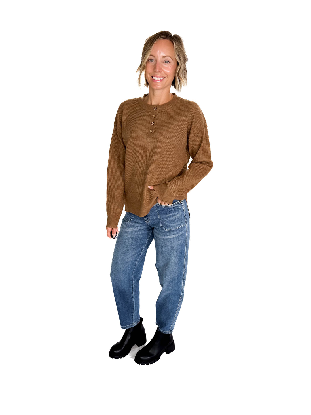 Kayla Waffle Knit Henley Sweater- BROWN
