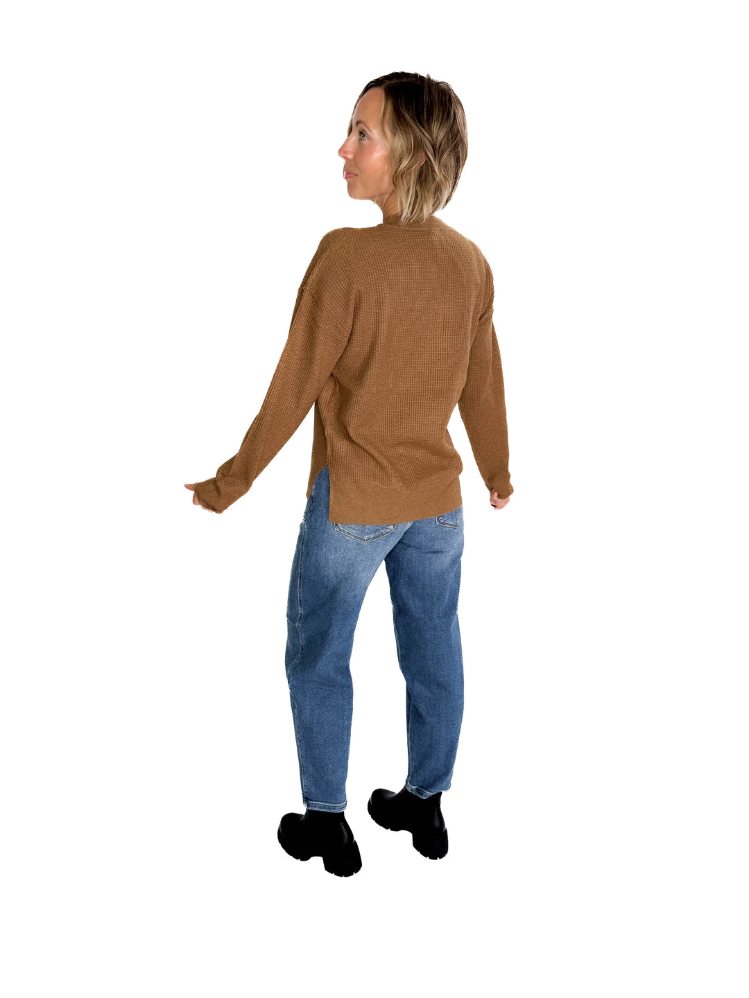 Kayla Waffle Knit Henley Sweater- BROWN