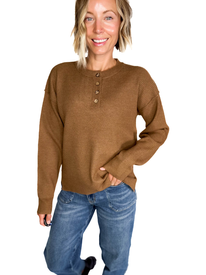 Kayla Waffle Knit Henley Sweater- BROWN