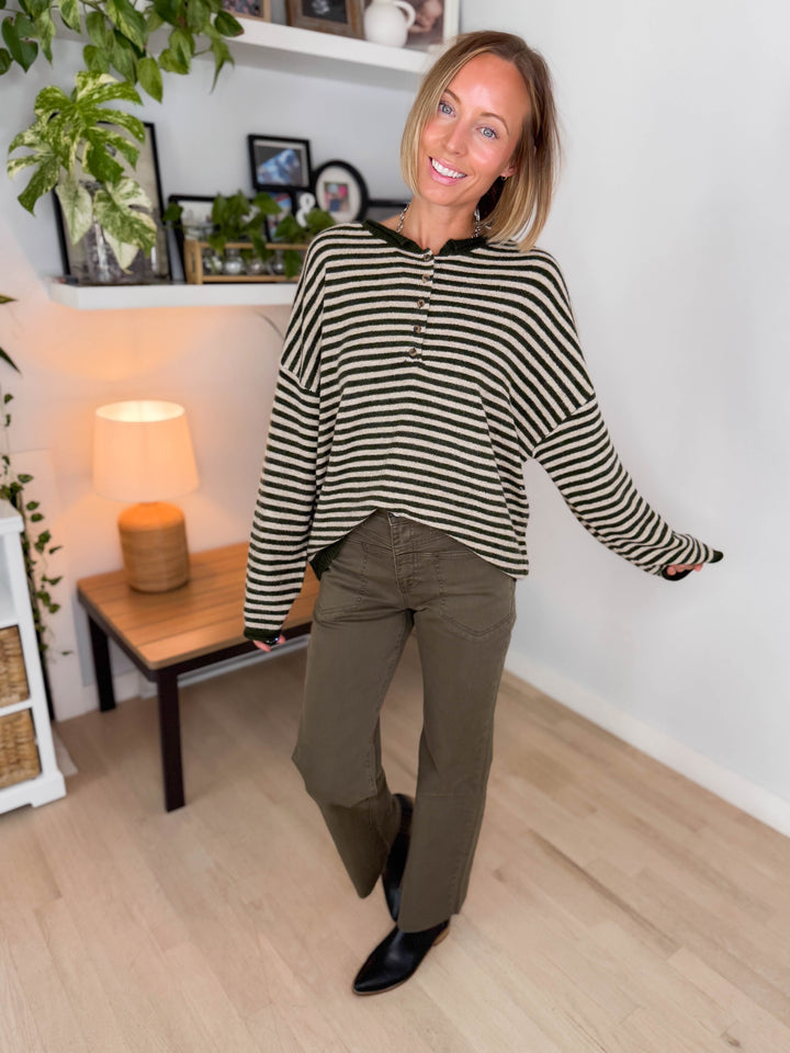Briar Henley Stripe Sweater- OLIVE