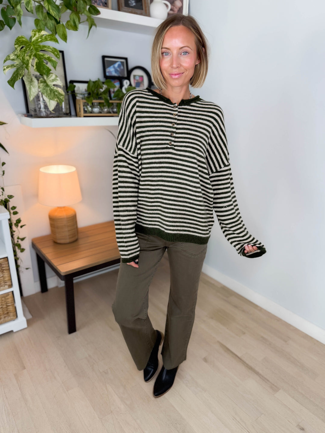 Briar Henley Stripe Sweater- OLIVE