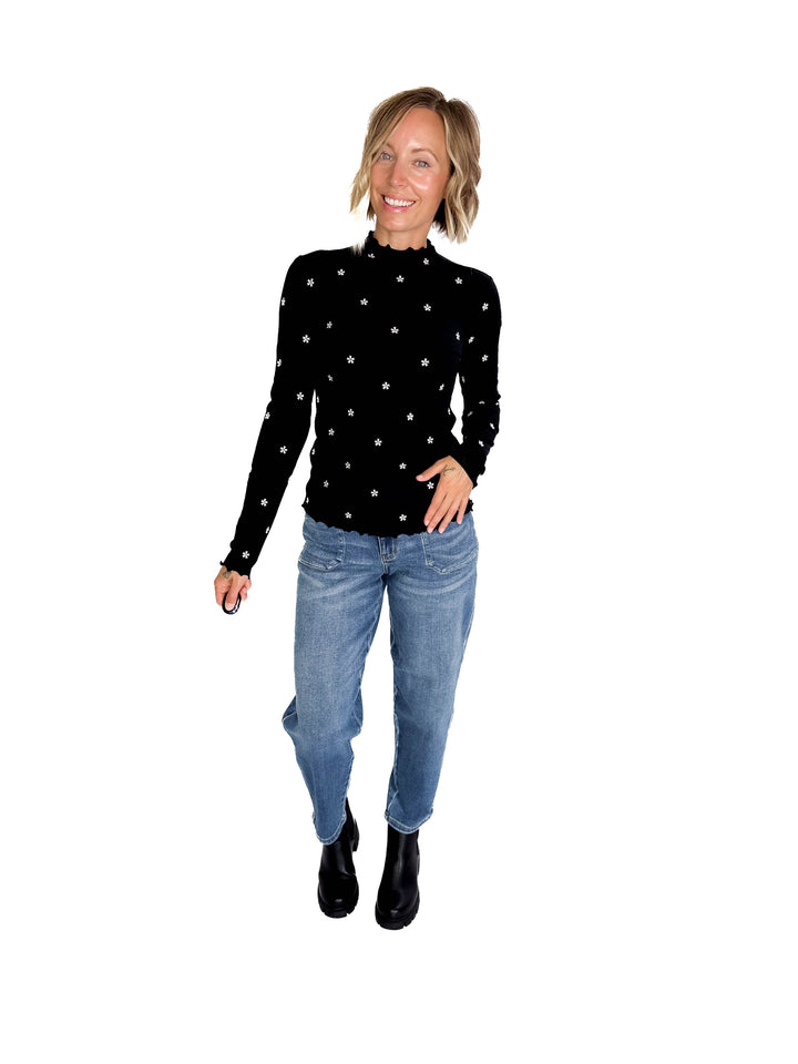 Stella Flower Embroided Mock Neck Rib Top- BLACK