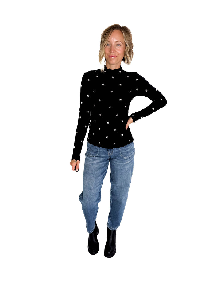 Stella Flower Embroided Mock Neck Rib Top- BLACK