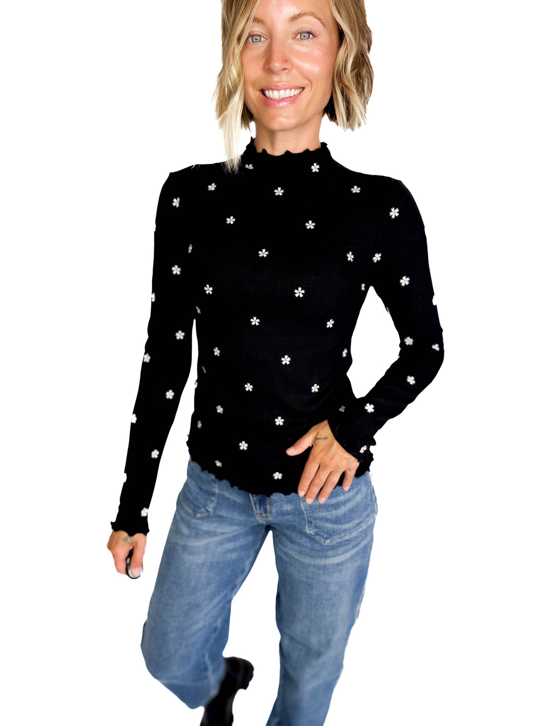 Stella Flower Embroided Mock Neck Rib Top- BLACK