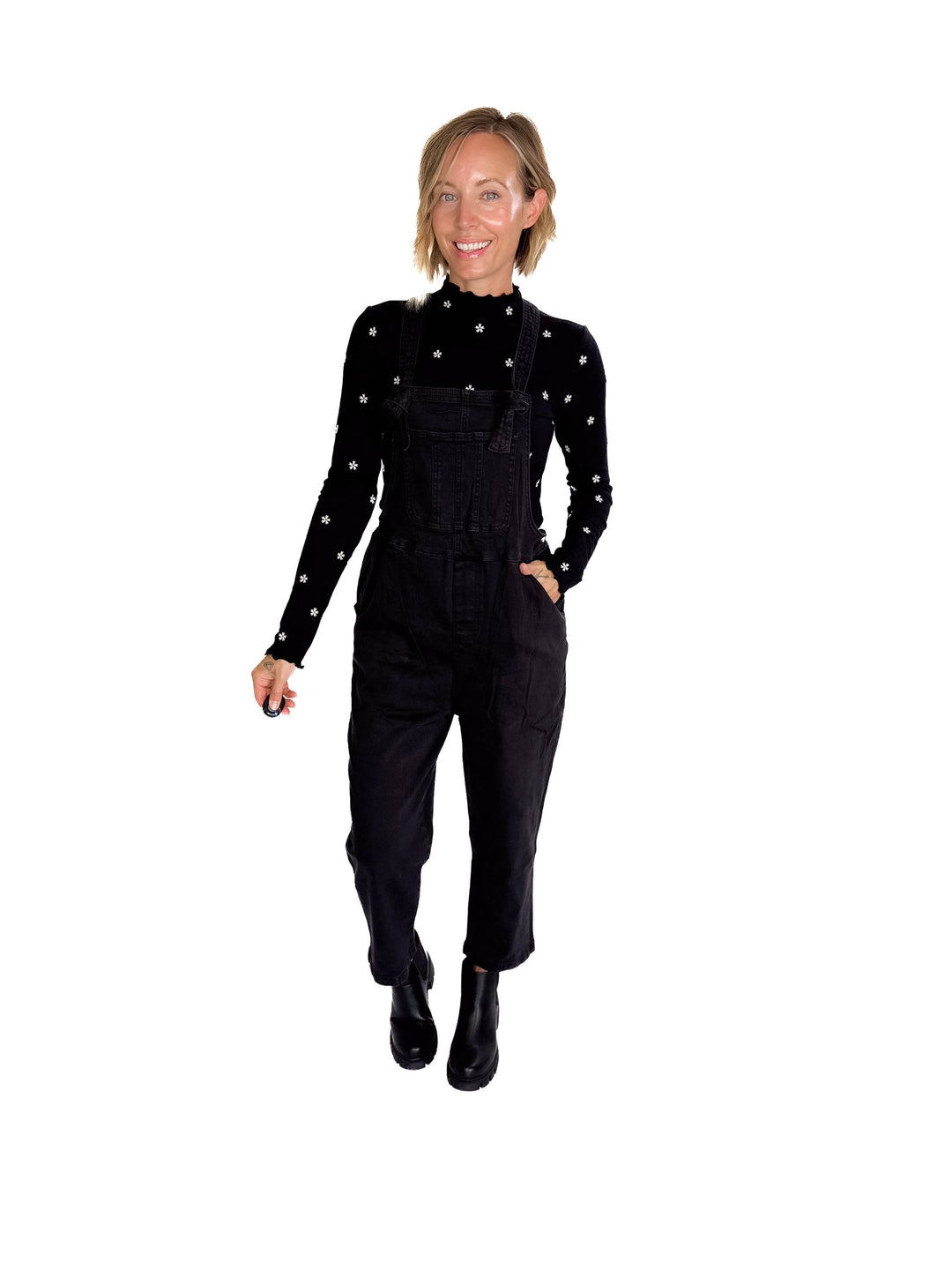 Katerina Washed Knot Strap Relaxed Fit Overalls- BLACK