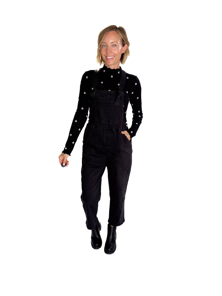 Katerina Washed Knot Strap Relaxed Fit Overalls- BLACK
