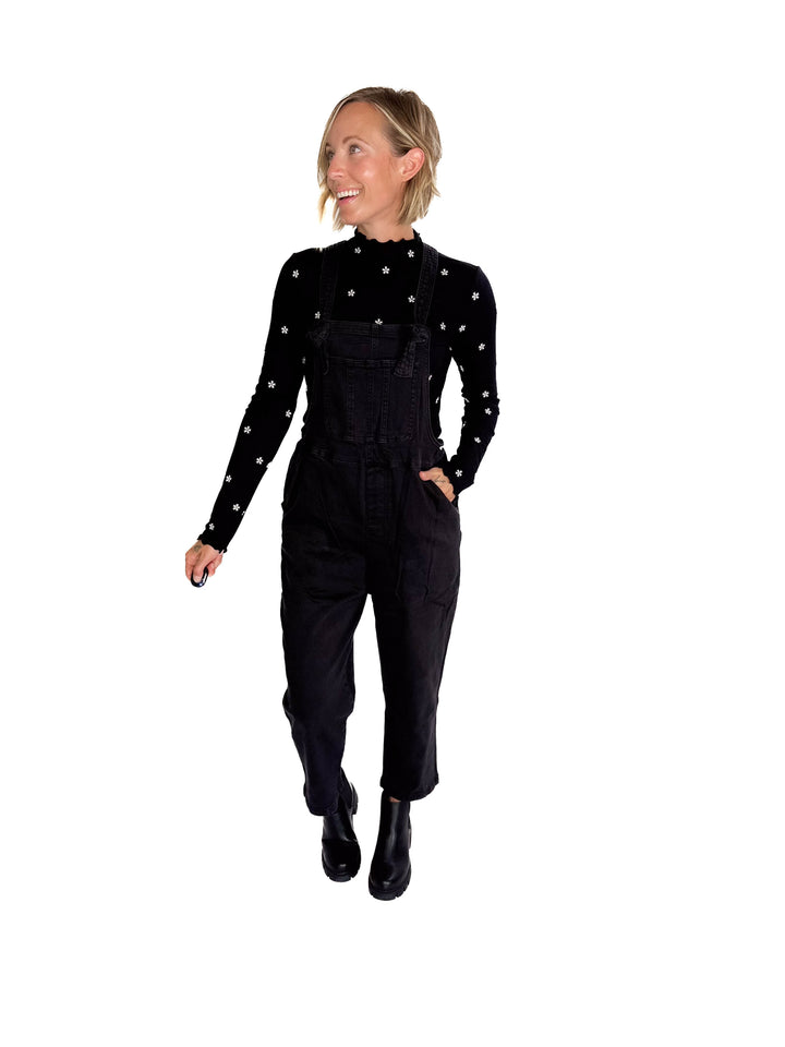 Katerina Washed Knot Strap Relaxed Fit Overalls- BLACK