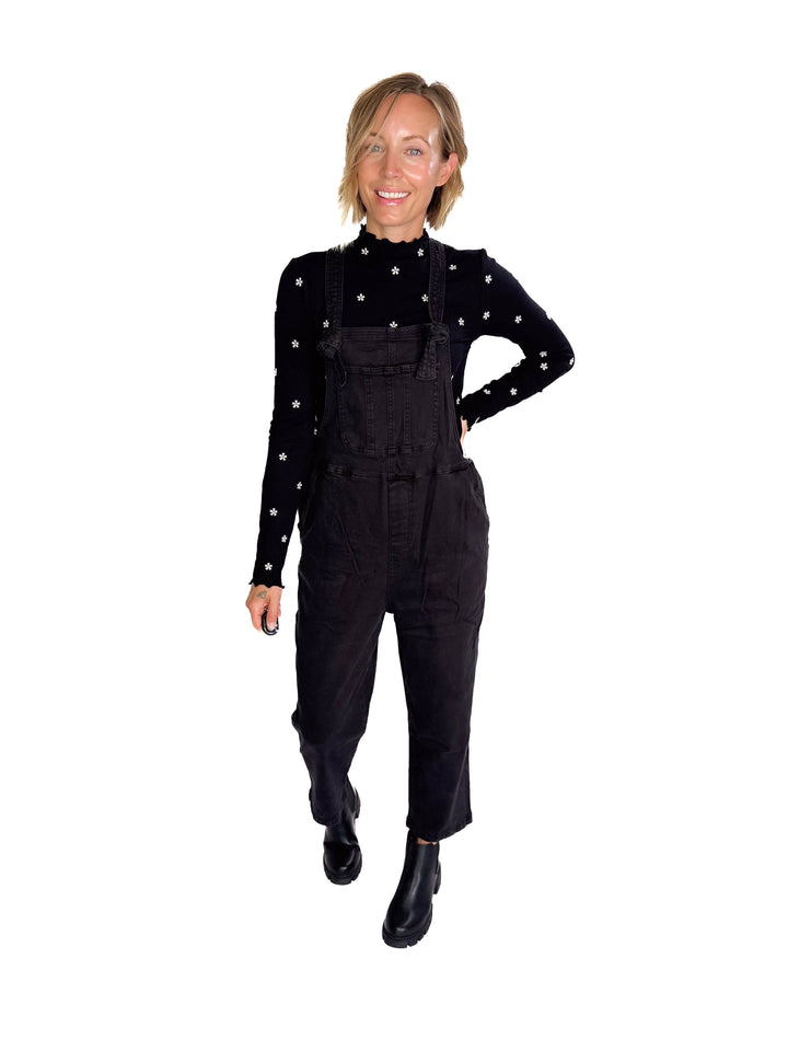 Katerina Washed Knot Strap Relaxed Fit Overalls- BLACK