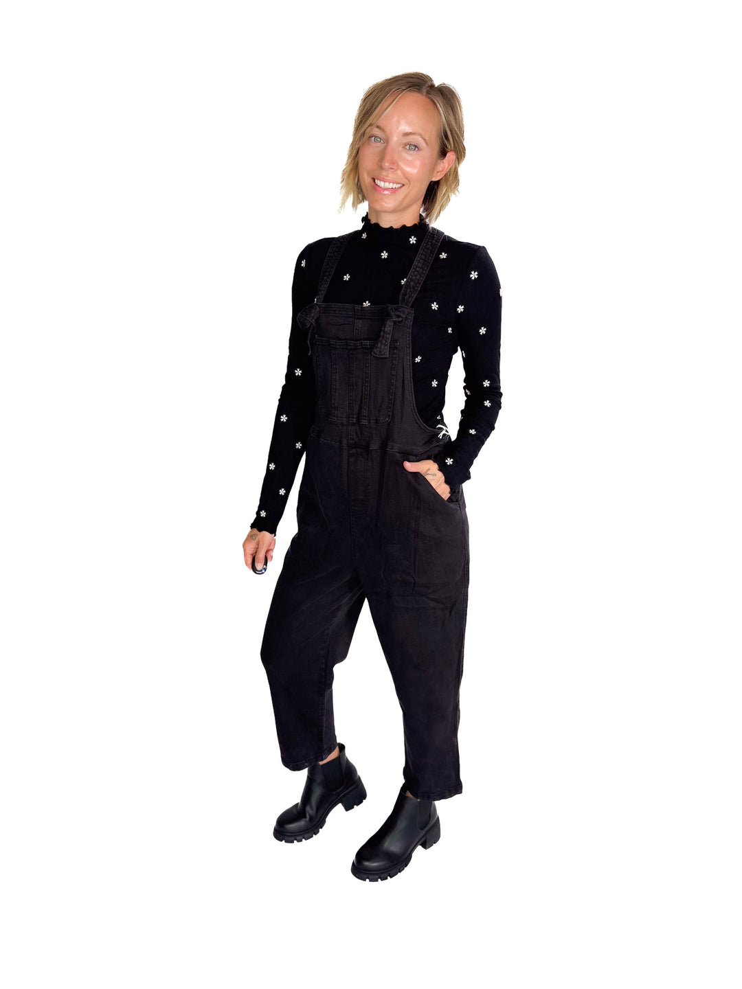 Katerina Washed Knot Strap Relaxed Fit Overalls- BLACK