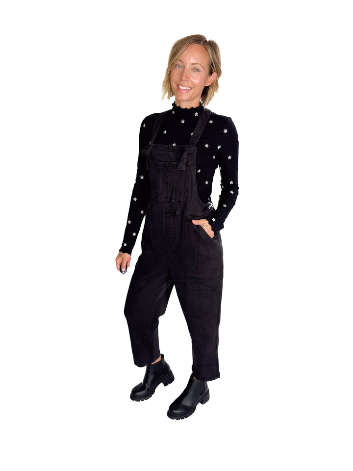 Katerina Washed Knot Strap Relaxed Fit Overalls- BLACK