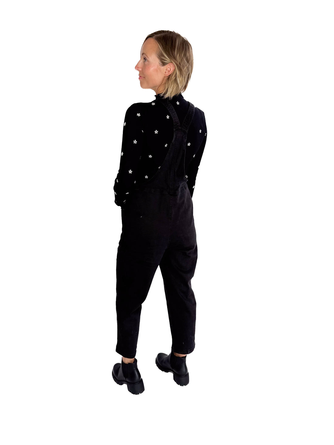 Katerina Washed Knot Strap Relaxed Fit Overalls- BLACK