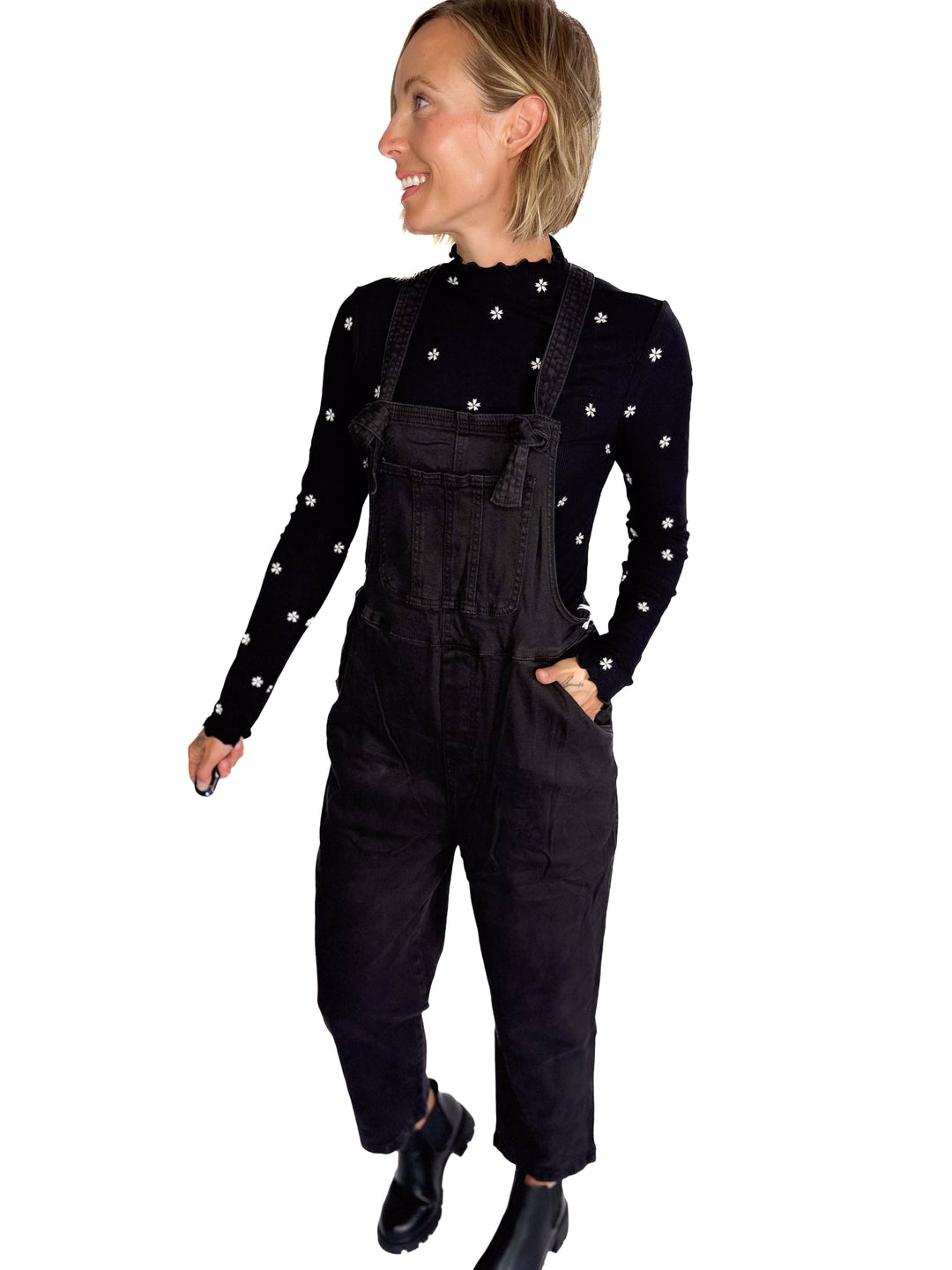 Katerina Washed Knot Strap Relaxed Fit Overalls- BLACK