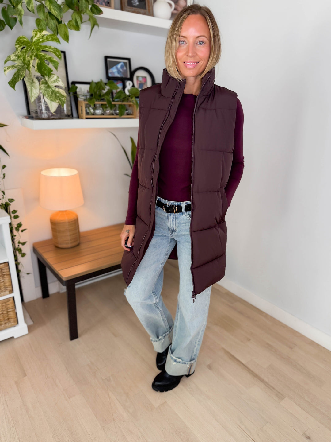 NOISY MAY Rosy Long Puffer Vest- CHOCOLATE