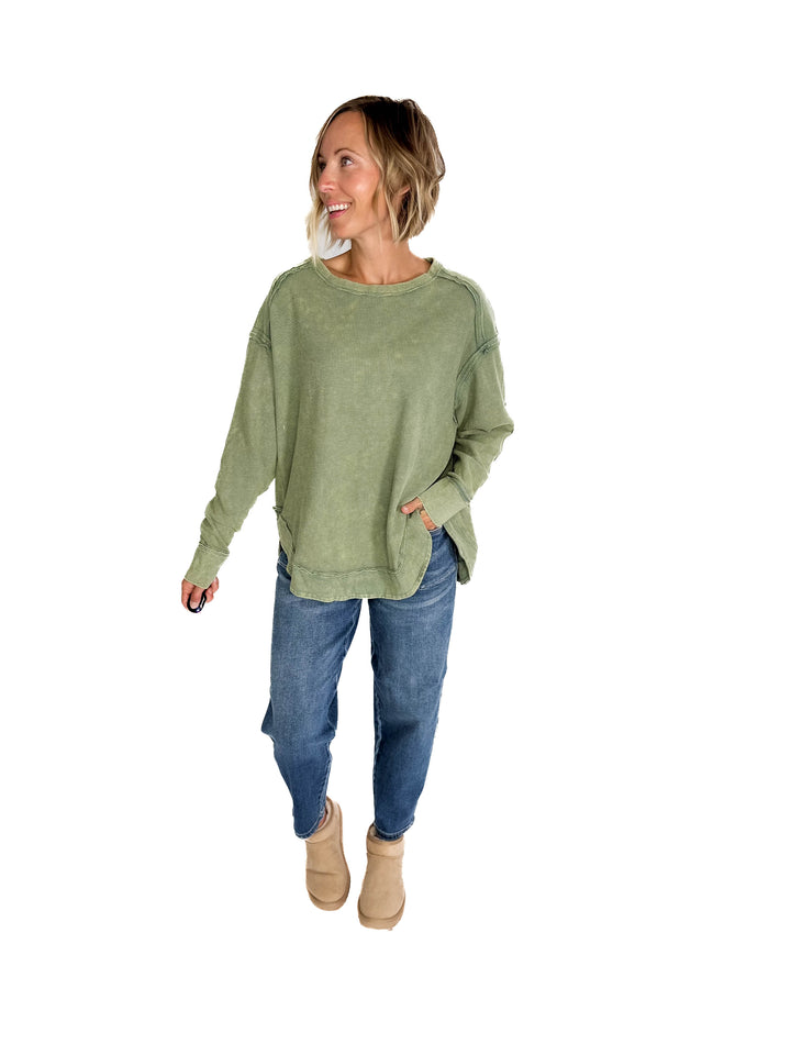 Jenna Long Sleeve Waffle Pullover- SAGE