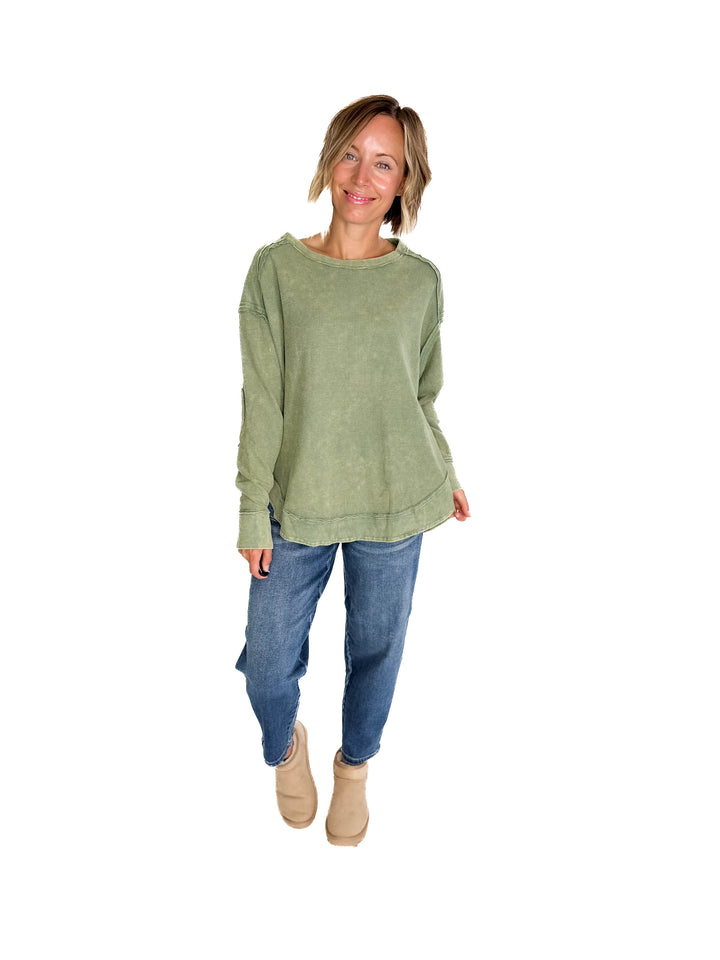Jenna Long Sleeve Waffle Pullover- SAGE