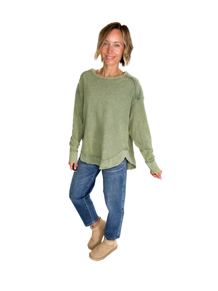 Jenna Long Sleeve Waffle Pullover- SAGE
