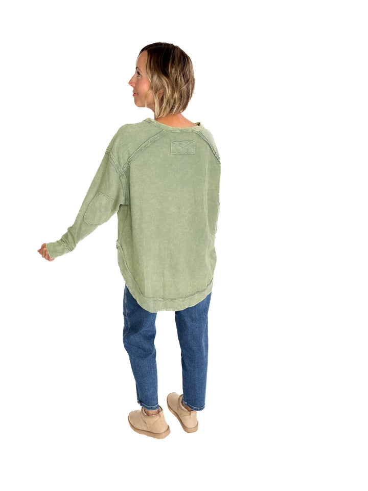 Jenna Long Sleeve Waffle Pullover- SAGE