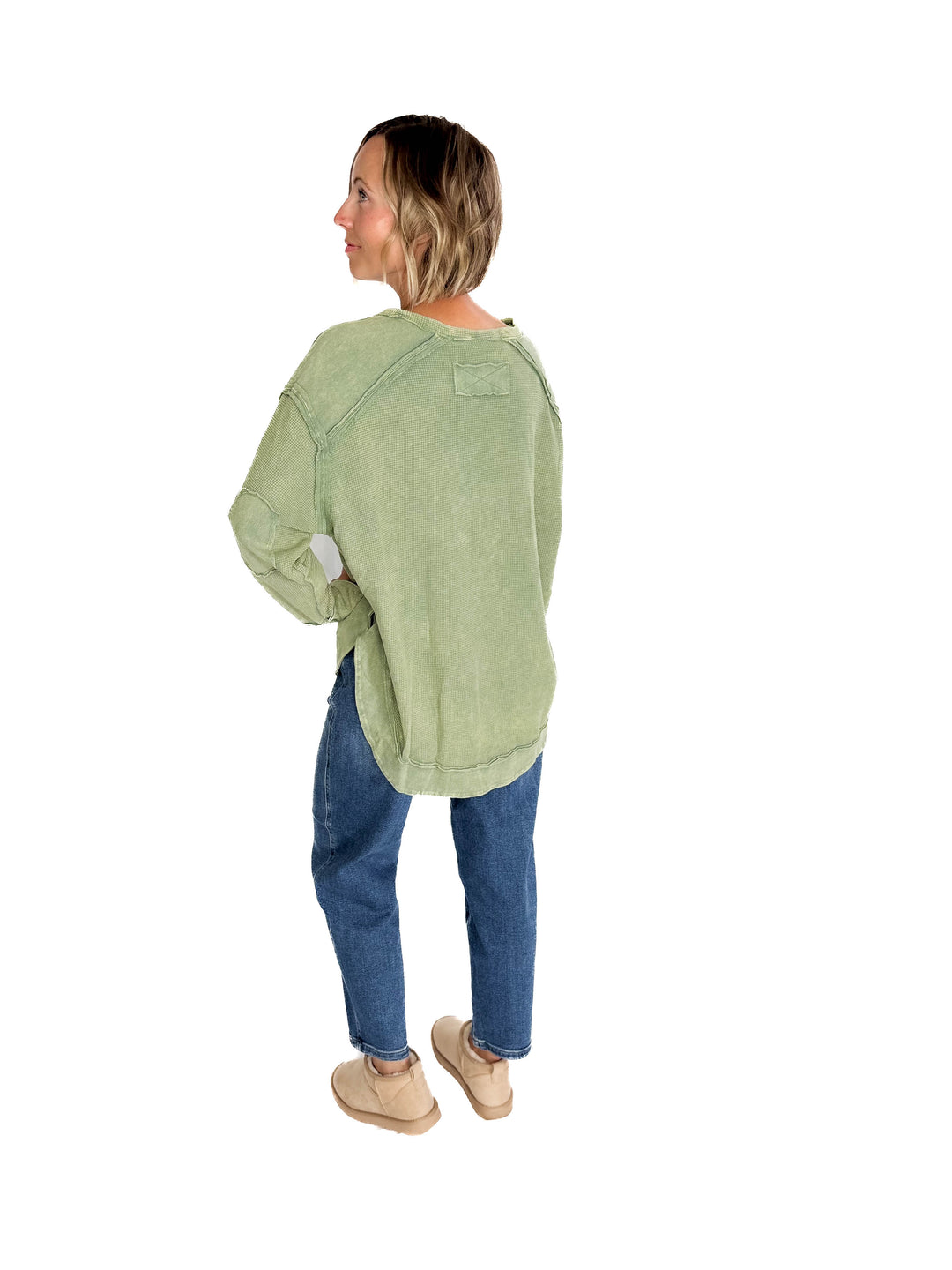 Jenna Long Sleeve Waffle Pullover- SAGE