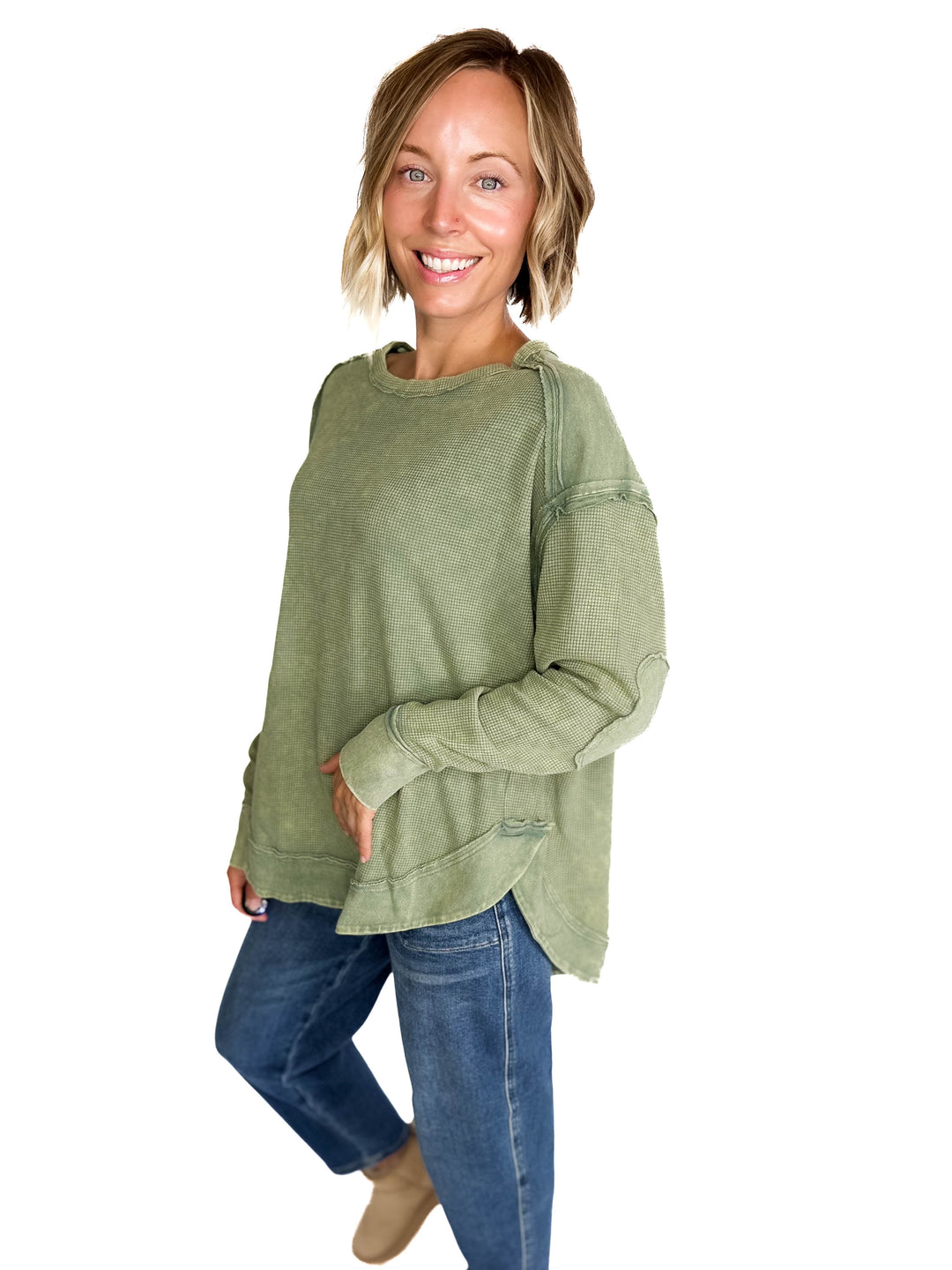 Jenna Long Sleeve Waffle Pullover- SAGE