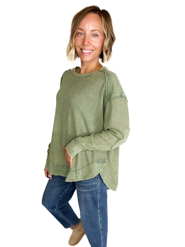 Jenna Long Sleeve Waffle Pullover- SAGE