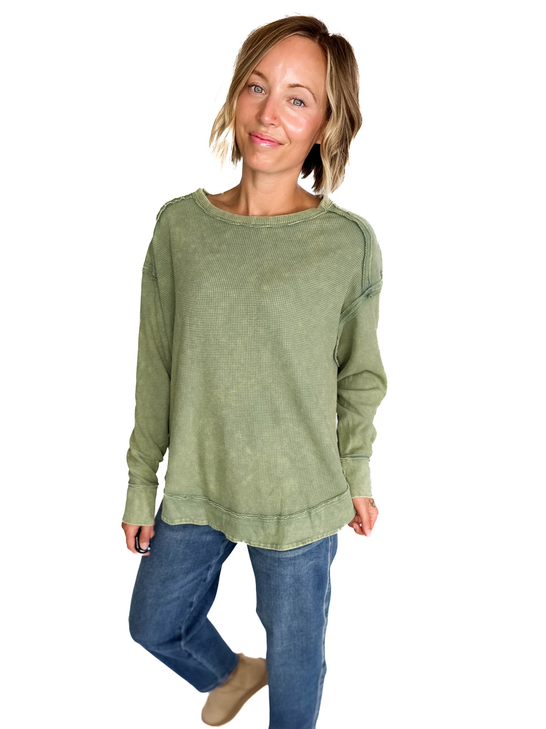 Jenna Long Sleeve Waffle Pullover- SAGE