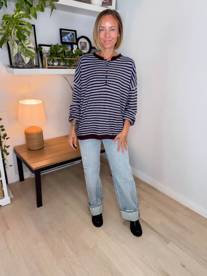 Briar Henley Stripe Sweater- CHOCOLATE BROWN