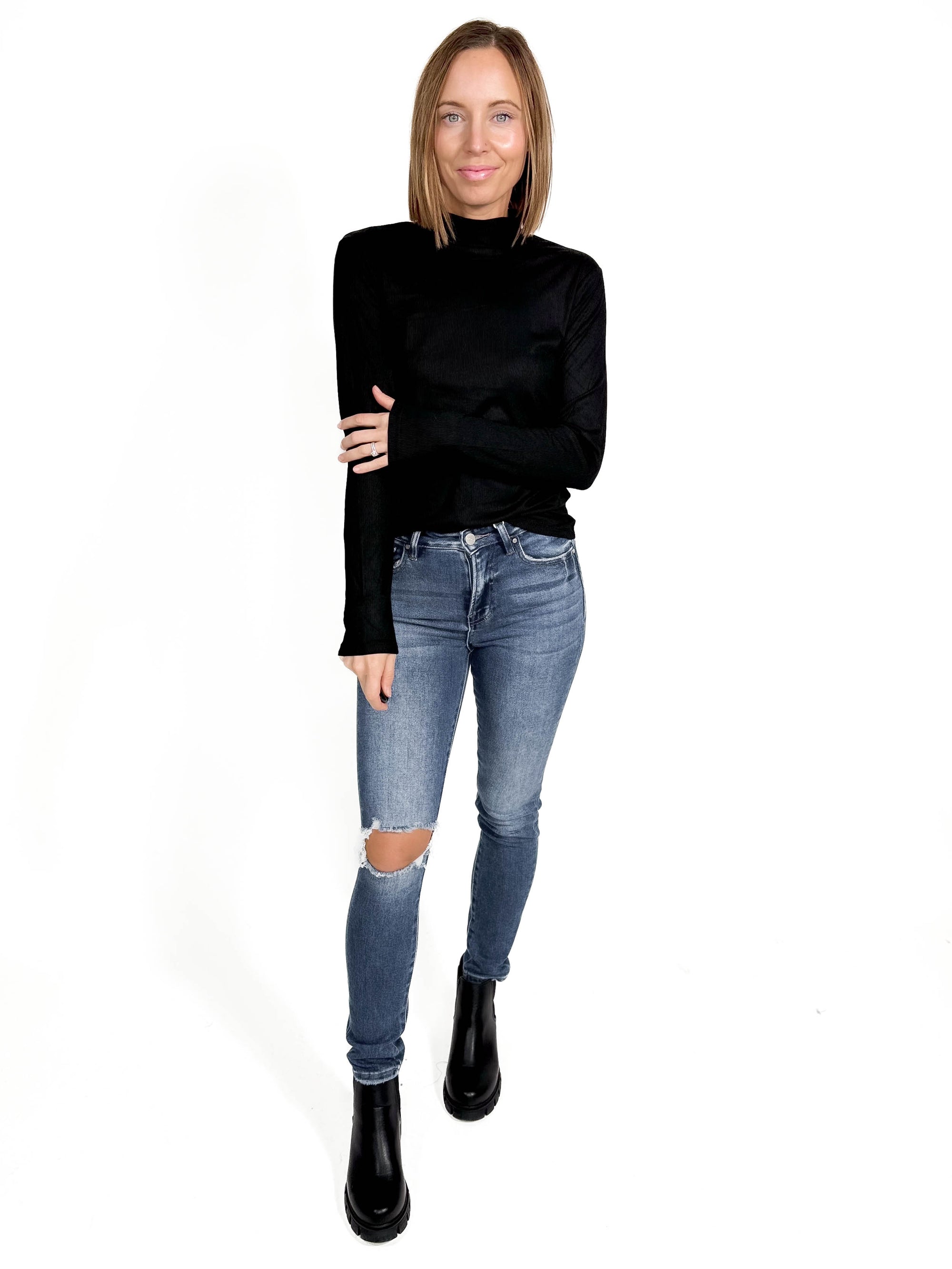 Gotta Have Ribbed Mock Neck Long Sleeve- BLACK