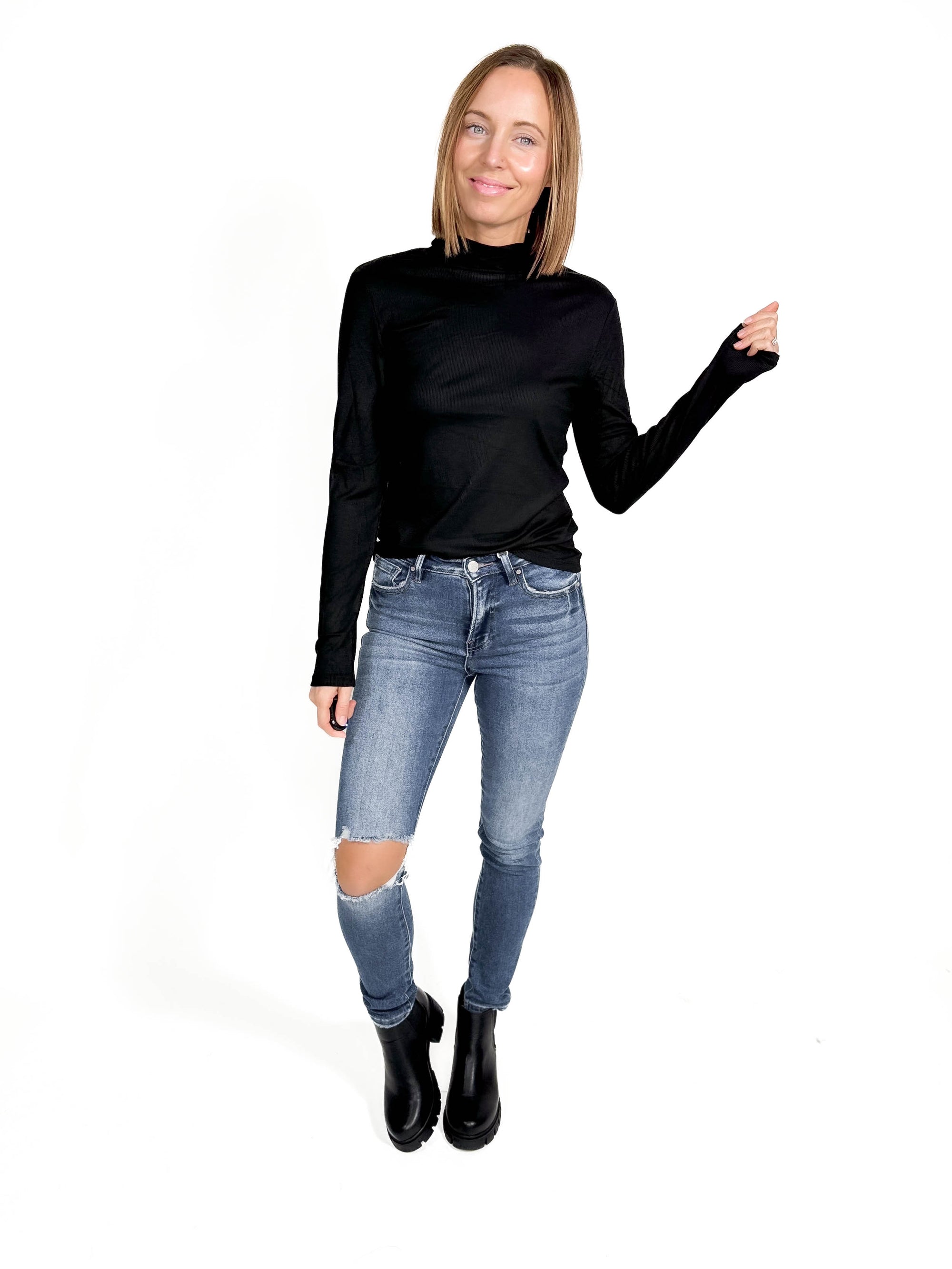 Gotta Have Ribbed Mock Neck Long Sleeve- BLACK