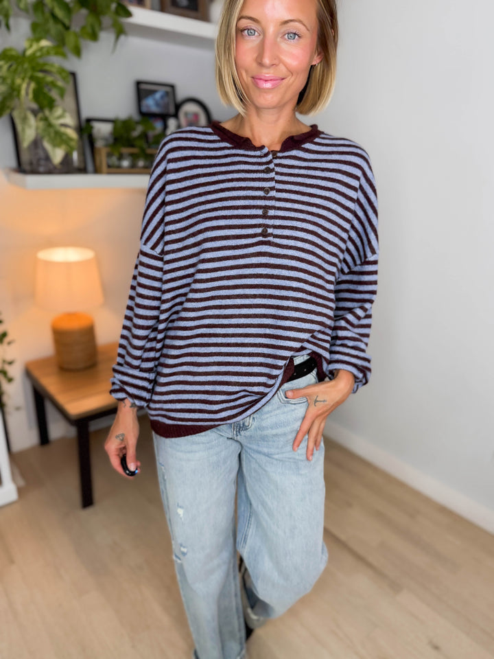 Briar Henley Stripe Sweater- CHOCOLATE BROWN