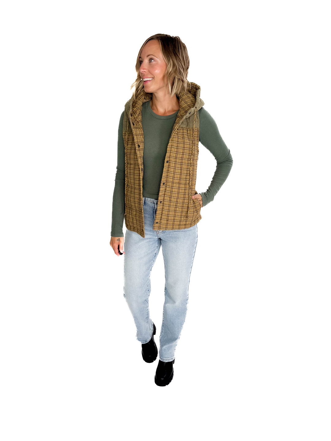 Larissa Corduroy Mixed Plaid Puffer Vest- MUSTARD